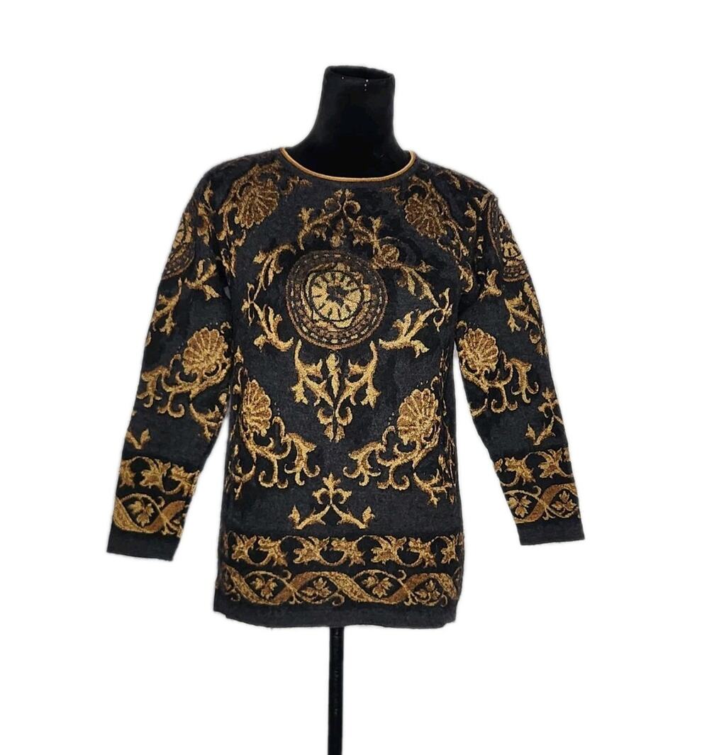 Dana Buchman Vtg 90s Baroque Knit Wool Sweater 3/4 Sleeves Size Medium Italy